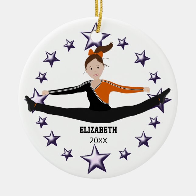 Dance Cheer Brunette Orange, Purple And Black Ceramic Ornament (Front)