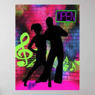 Dance Couple Brick Wall Neon Colors Poster