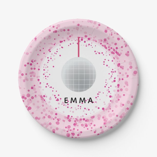 Dance Disco Ball Party Custom Pink Black Party Paper Plates (Front)