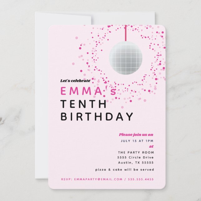 Dance Disco Ball Retro Birthday Pink Black Party Invitation (Front)