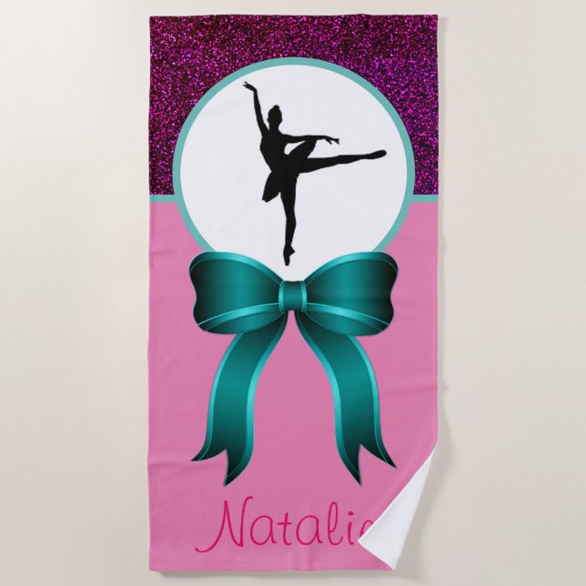 Dance Glitter and Bow Girls Beach Towel w/ Name (Front)