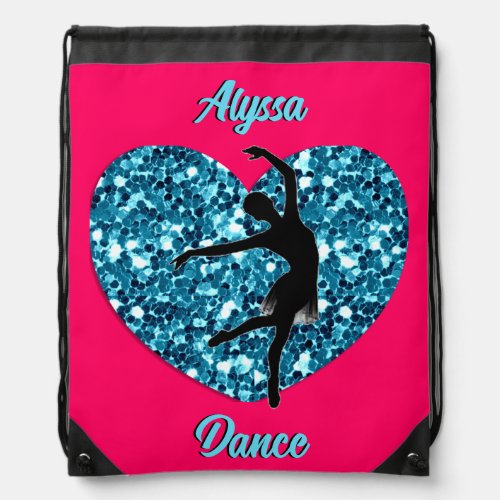 Dance Hot Pink and Turquoise w Personalized Name Drawstring Bag