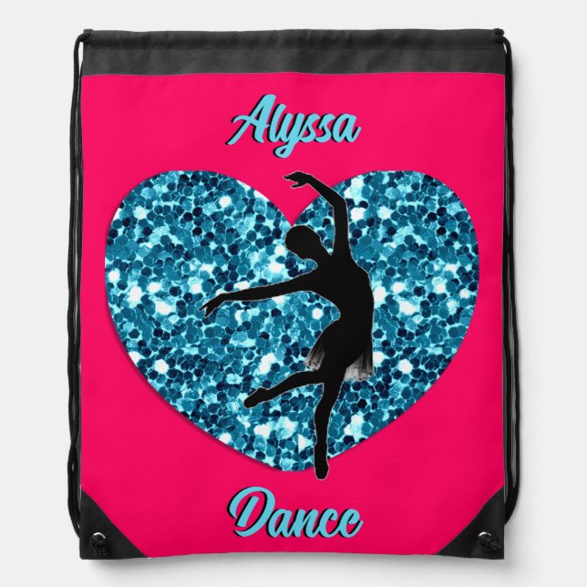 Dance Hot Pink and Turquoise w/ Personalized Name Drawstring Bag (Front)