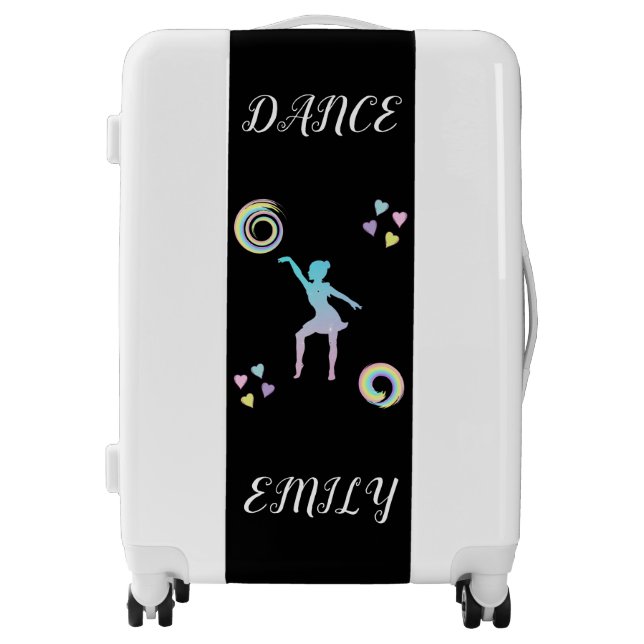 Dance kids luggage with hearts & swirls. (Front)