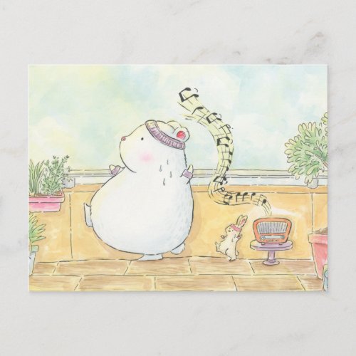 dance more be happy polar bear bunny watercolour postcard