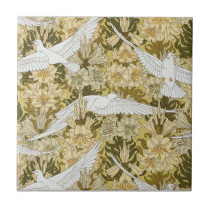Dance of Doves White Cream Leaves Ceramic Tile