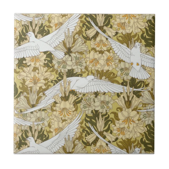 Dance of Doves White Cream Leaves Ceramic Tile (Front)