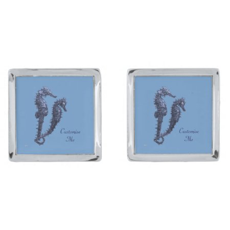 Dance Of The Seahorses (blue) Silver Cufflinks