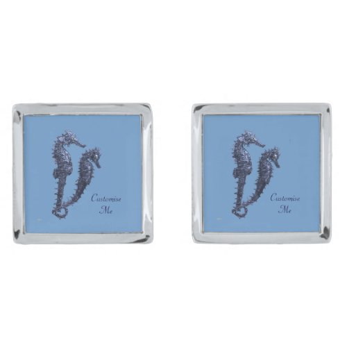 Dance Of The Seahorses Blue Silver Cufflinks