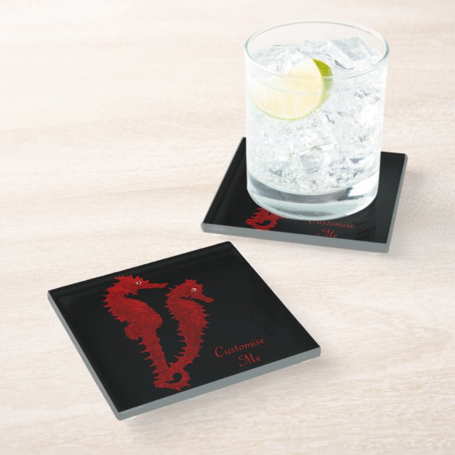 Dance Of The Seahorses (Red) Glass Coaster (Angled)