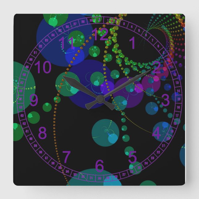 Dance of the Spheres II – Abstract Cosmic Indigo Square Wall Clock (Front)
