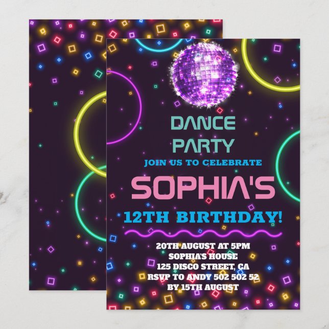 Dance Party Birthday Glow Rainbow Disco Disco Ball Invitation (Front/Back)