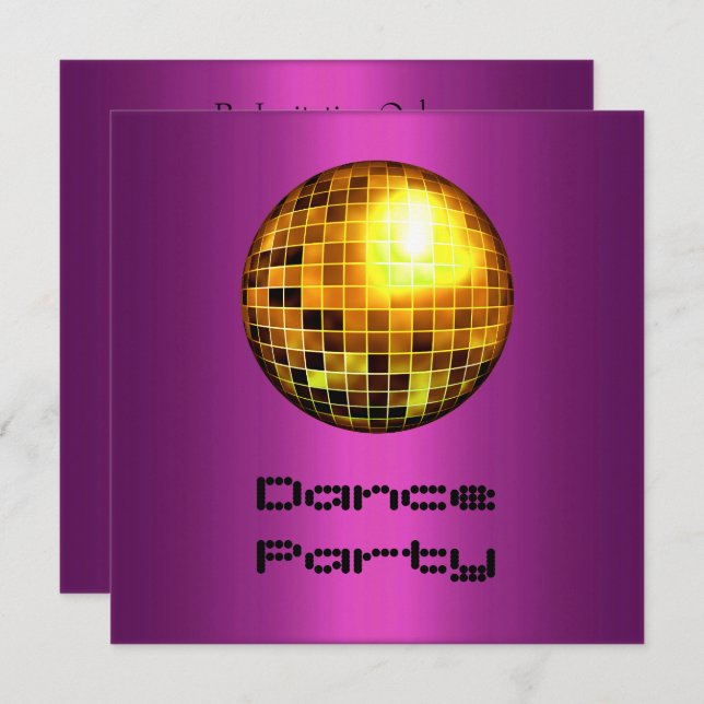 Dance Party Event Purple Gold Mirrorball Invitation (Front/Back)