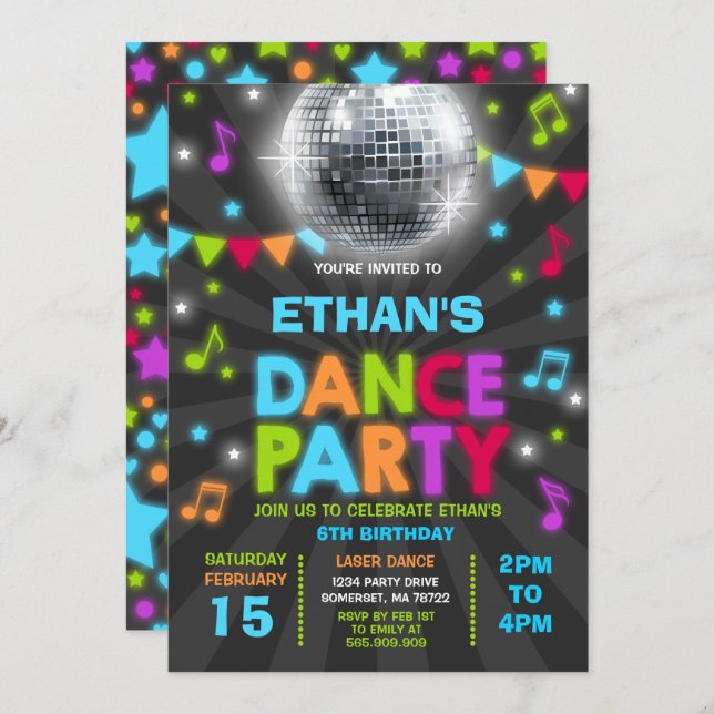 Dance Party Invitation Glow Disco Party Invite (Front/Back)