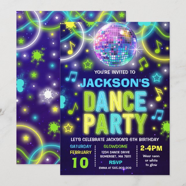 Dance Party Invitation Neon Glow Dance Party (Front/Back)