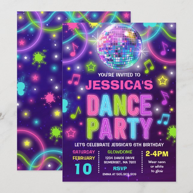 Dance Party Invitation Neon Glow Dance Party (Front/Back)