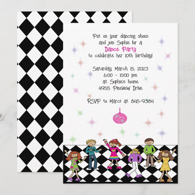 Dance Party Invitations Kids Disco Birthday Party (Front/Back)