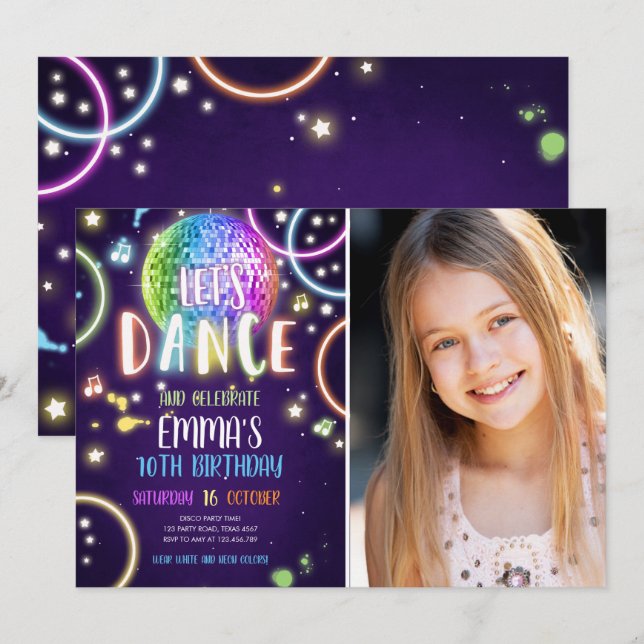 Dance Party Neon Glow Disco Birthday Invitation (Front/Back)