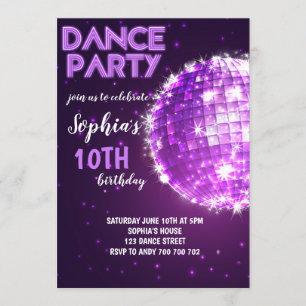 Dance Party Purple Disco Girl Birthday Invitation