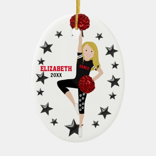 Dance Pom Girl Blonde Black and Red Ceramic Ornament