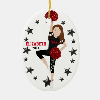 Dance Pom Girl Brunette Black And Red Ceramic Ornament by NightOwlsMenagerie at Zazzle
