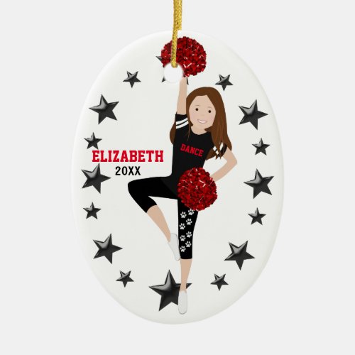 Dance Pom Girl Brunette Black and Red Ceramic Ornament