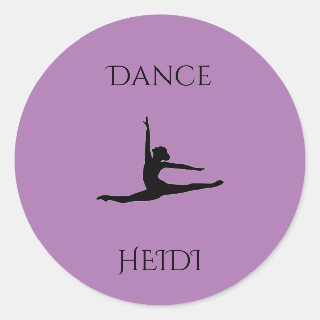 Dance purple round stickers.  Personalize name. Classic Round Sticker (Front)