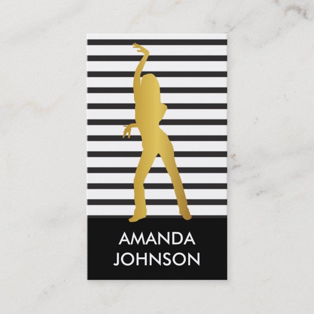 Dance School Black White Stripes QR Code Business Card (Front)