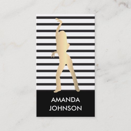 Dance School Black White Stripes QR Code Gold Business Card