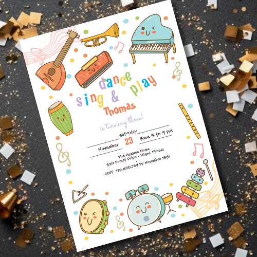 Dance sing and play kids birthday invitation