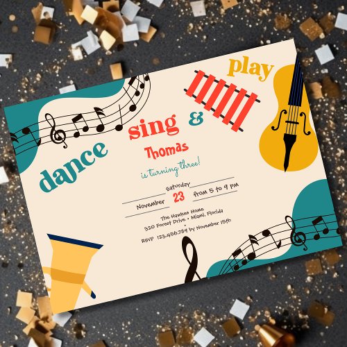 Dance sing and play kids birthday invitation