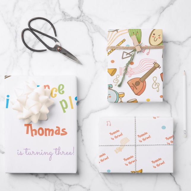 Dance sing and play kids birthday wrapping paper sheets (Front)