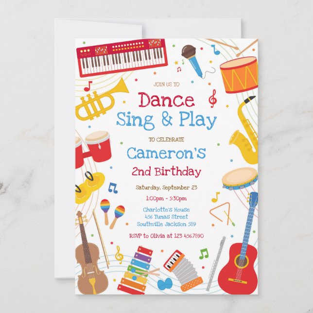 Dance Sing Play Musical Instrument Birthday Party  Invitation (Front)