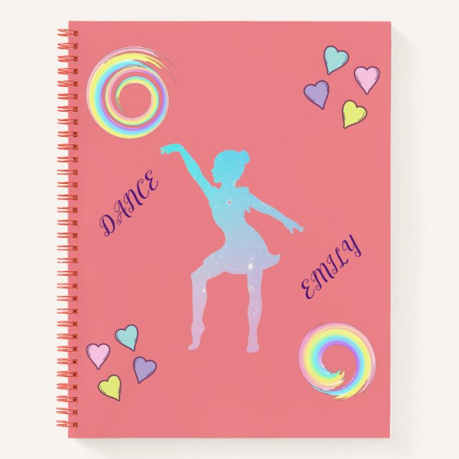 Dance spiral notebook with hearts & swirls. (Front)