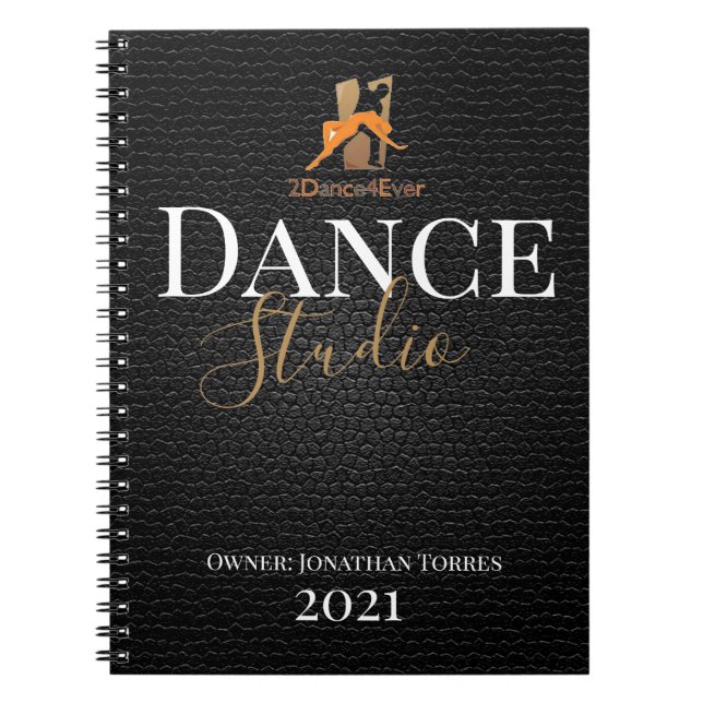 Dance studio, personalized black leather script notebook (Front)