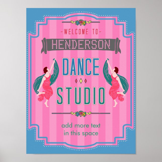 Dance Studio Personalized Name Pink Stripes Retro Poster (Front)