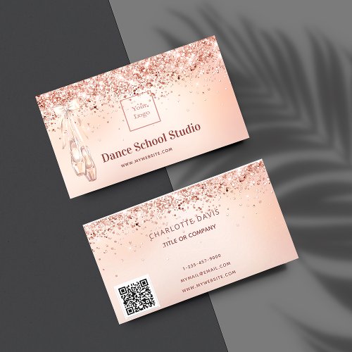 Dance studio school rose gold pink glitter qr code business card