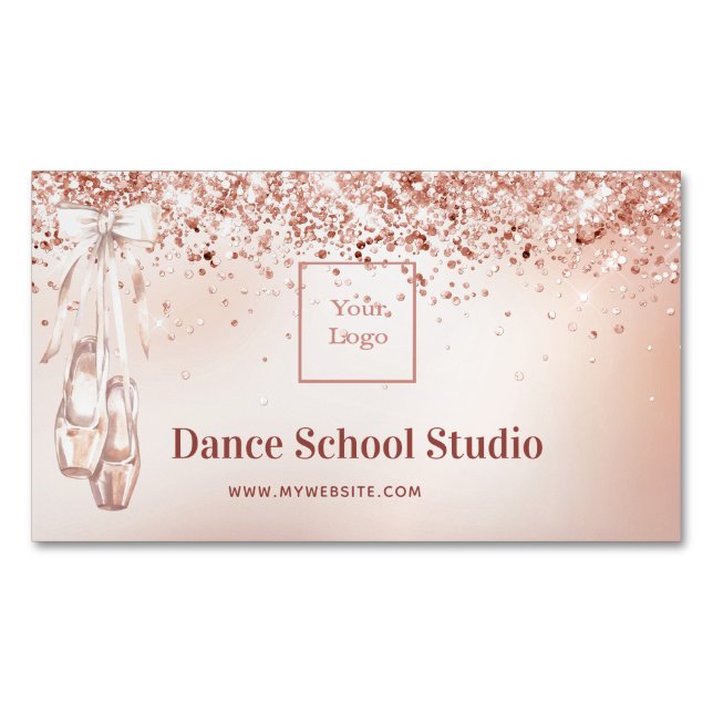 Dance studio school rose gold pink logo business card magnet (Front)