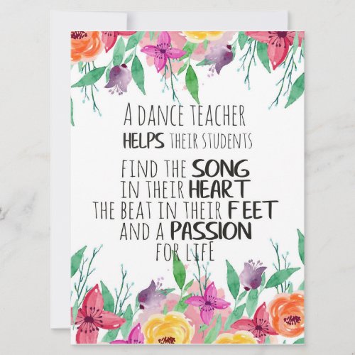 Dance teacher gift Appreciation Thank you quote Card