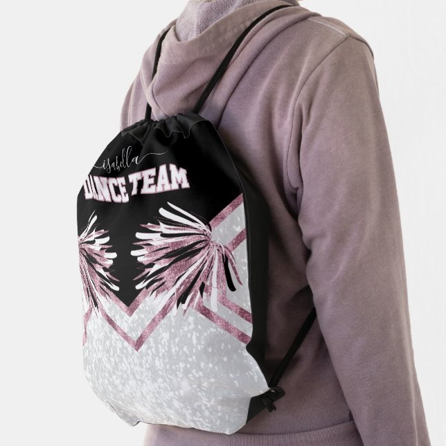 Dance Team Pink Rose, Black and White Drawstring Bag (Insitu)