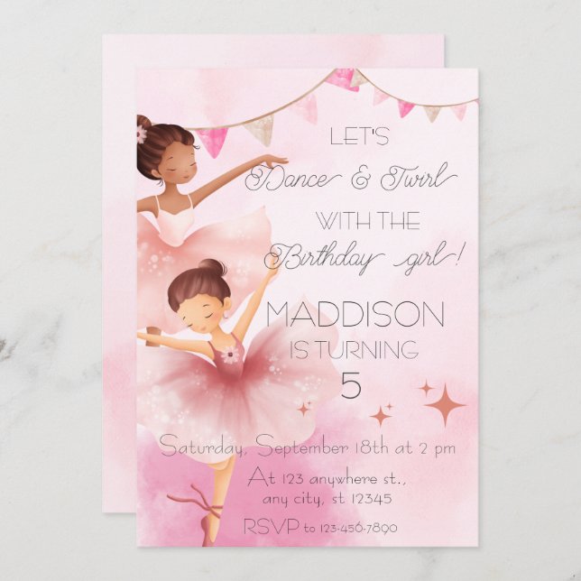 Dance & Twirl Pink Ballerina Ballet Birthday Party Invitation (Front/Back)