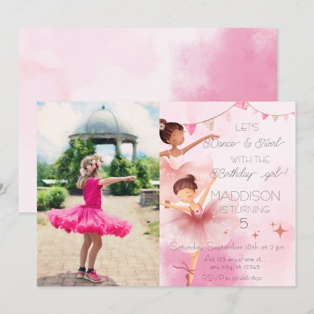 Dance & Twirl Pink Ballerina Photo Birthday Party Invitation (Front/Back)
