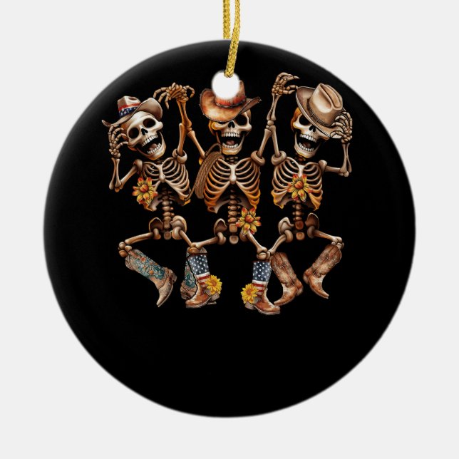 Dancer Cowboy Skeleton Cowgirl Dancing Bone Boots  Ceramic Ornament (Front)