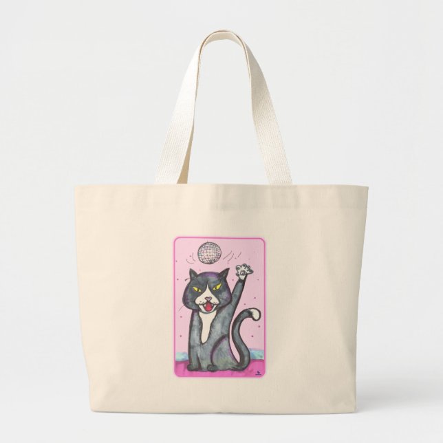 Dancer Disco Ball Cat Cartoon Fun Art Large Tote Bag (Front)