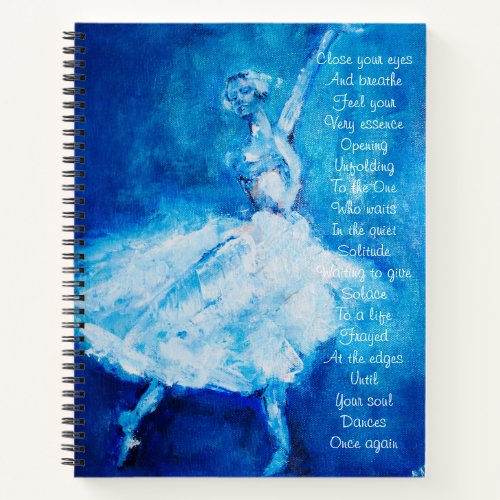 Dancer in blue and white with inspirational poetry notebook