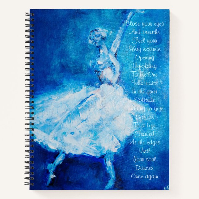 Dancer in blue and white with inspirational poetry notebook (Front)
