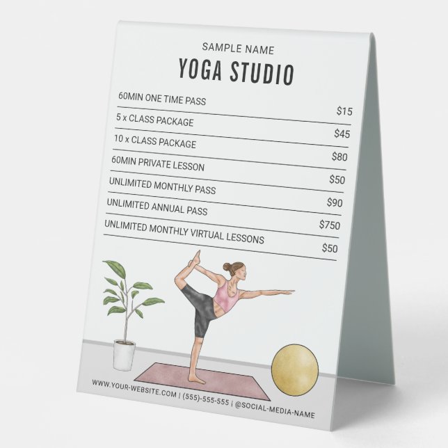 Dancer Pose Woman Custom Yoga Studio Price List Table Tent (Front)