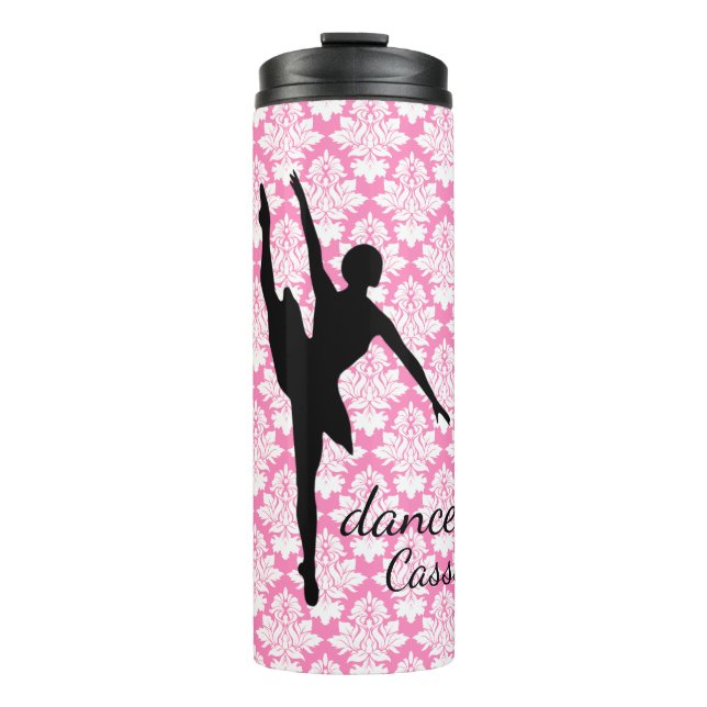 Dancer Silhouette Pink Damask Thermal Tumbler (Front)