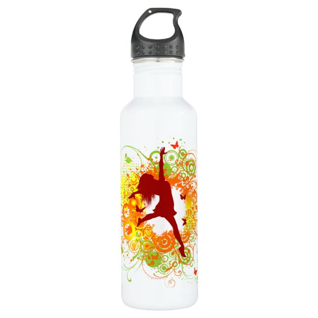 Dancer Silhouette with Floral Swirls Stainless Steel Water Bottle (Front)