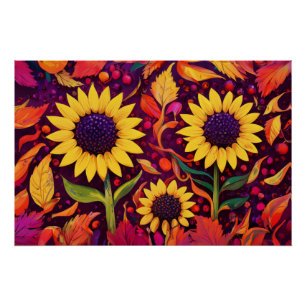 Dancing Autumn Sunflowers, Colorful Fields Poster